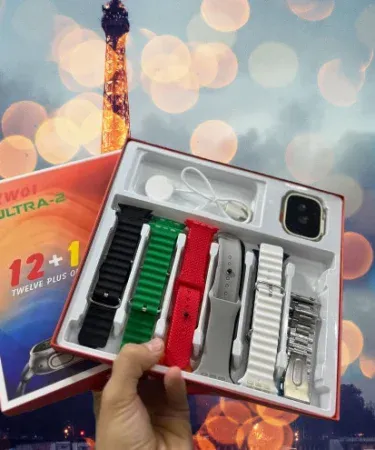 KW 01 Ultra 2 12-in-1 Smartwatch with 11 interchangeable straps, 49mm IPS display, wireless charger, and heart rate monitor for Android and iOS devices, suitable for men and women, available on Khareedo Pakistan.