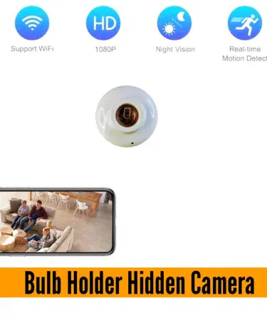 CCTV WiFi Bulb Holder HD 1080 Wireless Surveillance Camera, seamlessly integrated into a standard light bulb socket, offering discreet 1080p security monitoring and remote access via WiFi for smart homes.