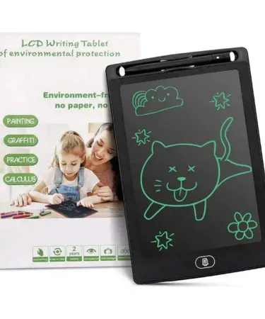 "LCD Writing and Drawing Tablet for Kids in various sizes (8.5, 10.5, 12, 16 inches) showcasing its eye-protection screen, one-touch clear function, and eco-friendly design, suitable for children's drawing and learning."