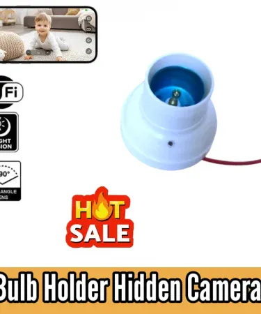 1080p Full HD Mini Wifi CCTV Camera disguised as a bulb, installed in a standard E27 bulb holder, showing clear surveillance view. Wireless IP camera for discreet home security by Khareedo.