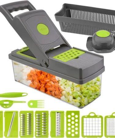 All-in-One Multipurpose Vegetable Chopper Slicer Dicer with various stainless steel blades and food container for efficient kitchen prep