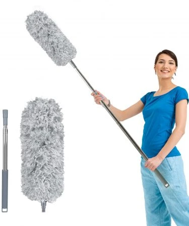 Microfiber Extendable Duster with 2m (100 inch) long handle, featuring bendable and chenille heads, ideal for cleaning high ceilings, fans, cobwebs, and cars.