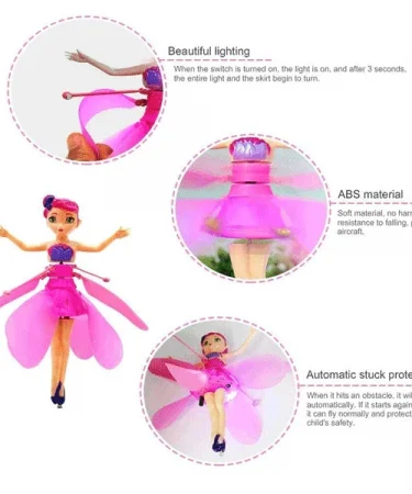 Magical Flying Fairy Doll with dazzling LED lights in flight, controlled by a child's hand, rechargeable toy for girls, available at Khareedo Pakistan.