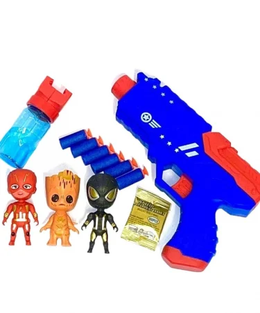 Avengers 2-in-1 Soft Bullet and Gel Ball Blaster Toy Set with 3 Action Figures for kids, a versatile superhero Nerf-style toy gun for active play in Pakistan, available on Khareedo/Kharedo.