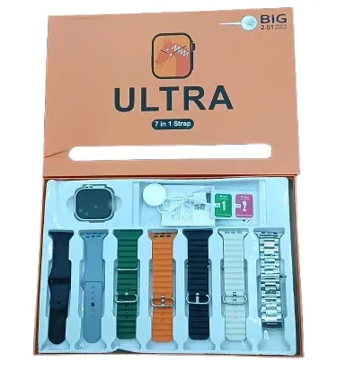 Ultra Smart Watch 7 in 1 stylish for men and women, featuring a vibrant touchscreen display with fitness tracking (heart rate, steps), call function, and sleek design.