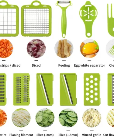 All-in-One Multipurpose Vegetable Chopper Slicer Dicer with various stainless steel blades and food container for efficient kitchen prep