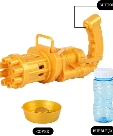 Automatic 8-Hole Bubble Gun Machine with 8 powerful nozzles, creating a massive stream of bubbles in a vibrant outdoor setting. Perfect for kids and parties.