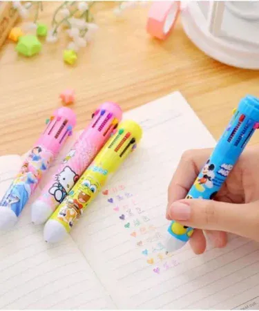 10-in-1 Multi-Color Ballpoint Pen with a cute cartoon character topper, perfect for kids, girls, and students' stationery needs, available on Khareedo.pk with COD.