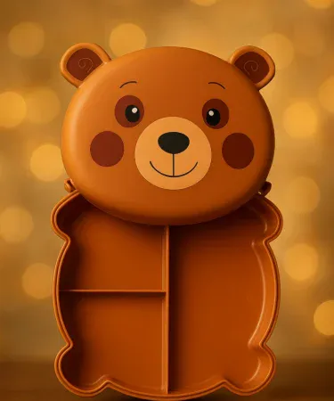 Cute & Handy Care Bear Shaped Lunch Box for kids and students, brown-orange design, BPA-free plastic tiffin box with two compartments, ideal for school and college meals.