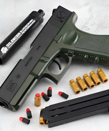 Soft Bullet Blaster Gun with foam darts, suitable for kids and adults 11+, emphasizing safe outdoor play and family fun.