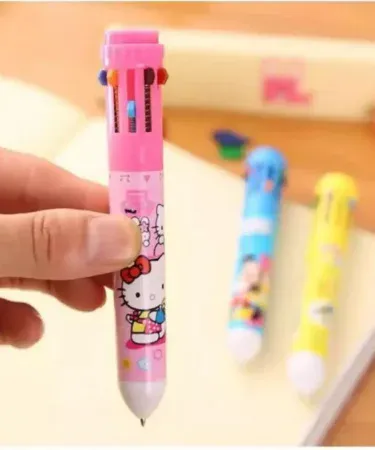 10-in-1 Multi-Color Ballpoint Pen with a cute cartoon character topper, perfect for kids, girls, and students' stationery needs, available on Khareedo.pk with COD.