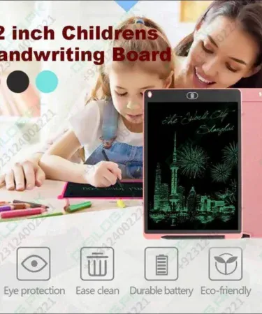 "LCD Writing and Drawing Tablet for Kids in various sizes (8.5, 10.5, 12, 16 inches) showcasing its eye-protection screen, one-touch clear function, and eco-friendly design, suitable for children's drawing and learning."