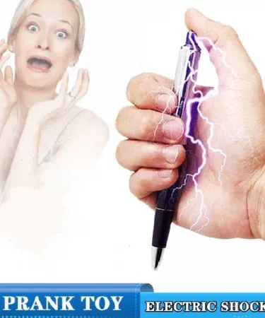 Current shocking prank pen with multiple views showing shock button and writing mechanism