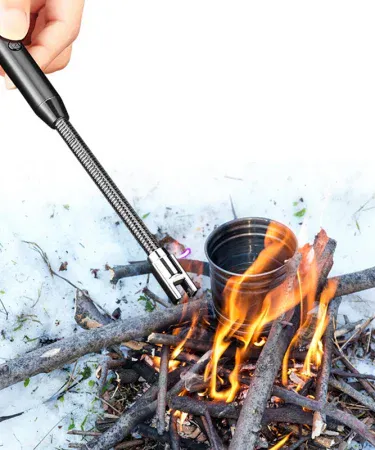 Rechargeable Electric Flameless Arc Lighter with USB charging, flexible neck for kitchen stove, BBQ, and candles. Windproof, child-safe, eco-friendly plasma lighter in action.