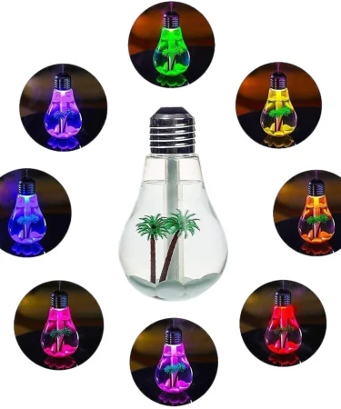 USB Air Humidifier Bulb 400ml with 7 Colors LED Lamp Diffuser and visible mist, featuring an elegant design perfect for Bedroom, Office, and Car use.
