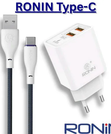Original Ronin R-615 Type-C Fast Charger with included Type-C cable and dual USB ports for fast charging multiple devices imagecaption=Power up your Type-C devices rapidly and safely with the Original Ronin R-615 Fast Charger, featuring dual USB ports and a durable Type-C cable.