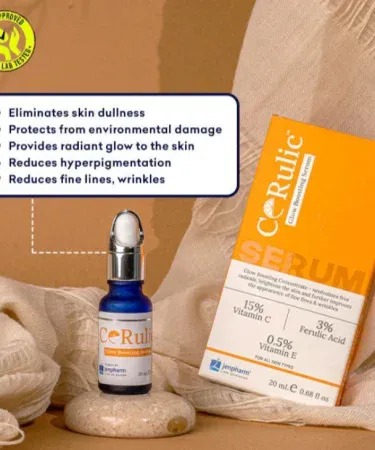 CeRulic Glow Boosting Serum 20ml bottle with 15% Vitamin C, 0.5% Vitamin E, and 3% Ferulic Acid for anti-aging, brightening, hyperpigmentation reduction, and radiant skin, suitable for all skin types in Pakistan.