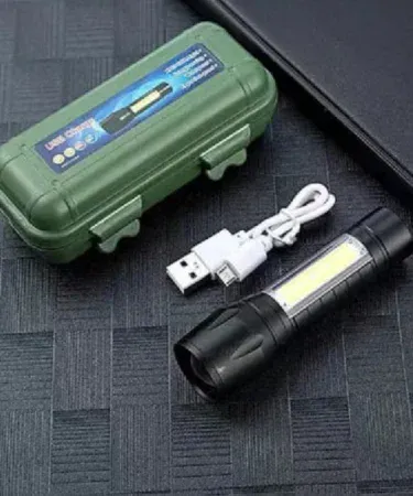 Zoomable Rechargeable LED Flashlight A113 3800LM COB Torch with Micro USB Charging, Stainless Steel Design, and protective case for outdoor and emergency use.