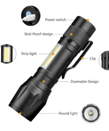 Zoomable Rechargeable LED COB Flashlight A115 with 3800LM, Micro USB Charging, Case, and Stainless Steel Design