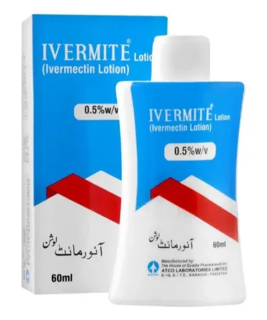 Ivermite Lotion 60ml bottle for head lice and rosacea treatment, featuring Ivermectin, a dual-action anti-lice and skin redness solution.