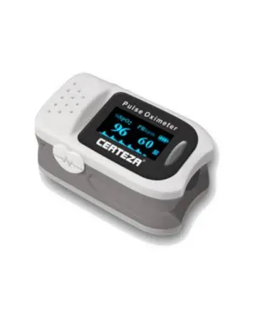 Certeza PO-907 Medical Pulse Oximeter displaying SpO2 and heart rate on a finger with a clear, easy-to-read screen.