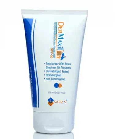 DerMaxil Ultra SPF-35 Moisturiser with UV Protection 150ml bottle, showing SPF 35, dermatologist tested, hypoallergenic, non-comedogenic features for broad-spectrum sun and skin protection.