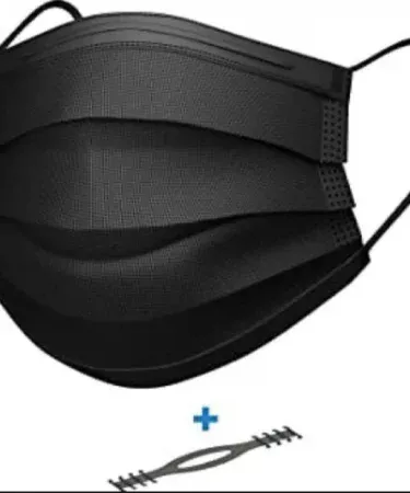 Black Disposable Face Mask with Ear Adjuster showing 3-ply material, adjustable ear loops, and comfortable fit for protection and hygiene.