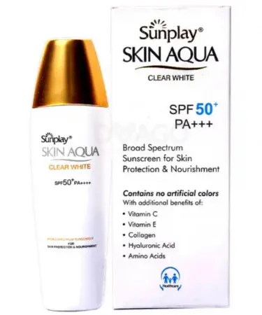 Skin Aqua Clear White SPF-50 Sunscreen bottle for broad-spectrum UV protection, enriched with Vitamin C, E, Collagen, and Hyaluronic Acid for whitening and skin nourishment.
