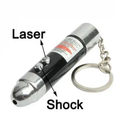 Close-up of the 3-in-1 Current Lazer Light, Shoking Laser Pointer, and LED Keychain A125, showcasing its compact design and multi-functionality.