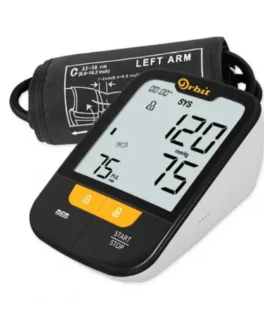 Orbit OBM-790 automatic arm blood pressure monitor with Jambo HD display, clinically accurate digital BP machine showing readings, irregular heartbeat indicator, and hypertension detection for home health monitoring.