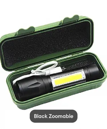 Zoomable Rechargeable LED Flashlight A113 3800LM COB Torch with Micro USB Charging, Stainless Steel Design, and protective case for outdoor and emergency use.
