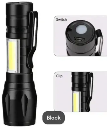 Zoomable Rechargeable LED COB Flashlight A115 with 3800LM, Micro USB Charging, Case, and Stainless Steel Design