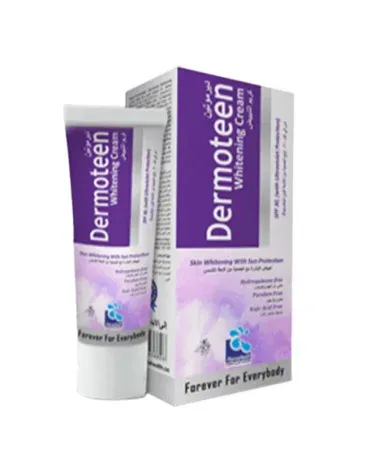 Dermoteen Whitening Cream with Sun Protection tube and packaging box, displaying English and Arabic text, available for purchase at Khareedo.pk