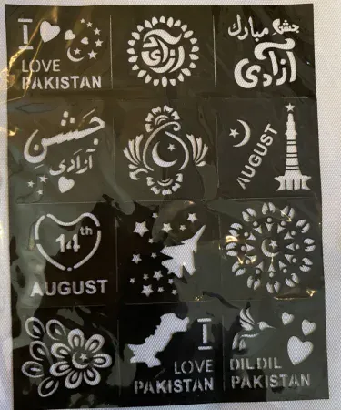 Mehndi design Independence Day 14 August stickers, patriotic temporary tattoos for Pakistan celebrations, easy application, skin-safe body art by Khareedo/Kharedo.