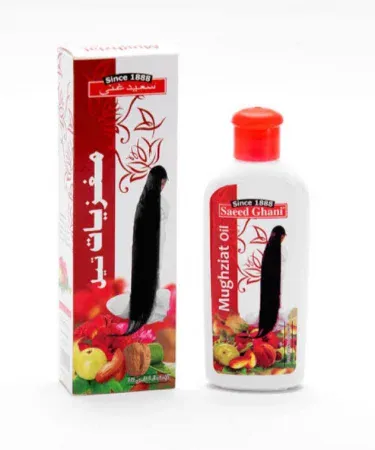 Saeed Ghani Mughziyat Hair Oil white bottle with red cap and matching box, for hair growth and nourishment since 1888, available at Khareedo|Kharedo
