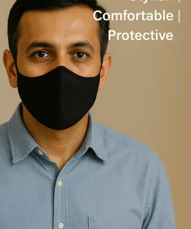 Black breathable face mask large size with adjustable earloops for adults, showcasing comfortable 3D contoured fit for men and women.