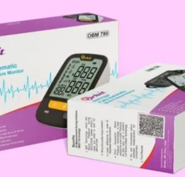 Orbit OBM-790 automatic arm blood pressure monitor with Jambo HD display, clinically accurate digital BP machine showing readings, irregular heartbeat indicator, and hypertension detection for home health monitoring.