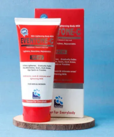 EVENTONE C SPF-45 BODY MILK LOTION bottle, featuring skin lightening ingredients L-Glutathione, Vitamin C, and Kojic Acid, designed for even tone and broad-spectrum sun protection.