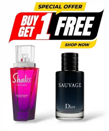 Dior Sauvage Eau De Parfum 100ml and Shalis Pink Eau De Toilette 100ml bottles displayed together with "Buy 1 Get 1 Free" and "Long Lasting Perfumes Gift Set" labels, emphasizing a luxury men's fragrance combo deal from Khareedo Pakistan.