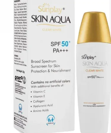 Skin Aqua Clear White SPF-50 Sunscreen bottle for broad-spectrum UV protection, enriched with Vitamin C, E, Collagen, and Hyaluronic Acid for whitening and skin nourishment.