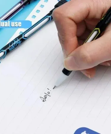 Dual-Use Pen Spinning Stick in red, purple, yellow, and blue colors, showcasing its balanced design for smooth spinning and comfortable writing, Model A153.