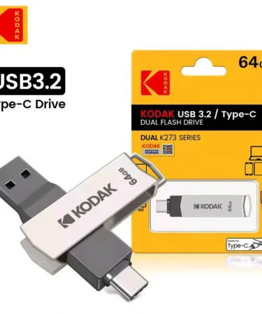 Kodak 64GB USB C-Type OTG Imported Flash Drive with metal body, dual USB-A and USB-C connectors, high-speed data transfer for smartphones, laptops, and PCs.