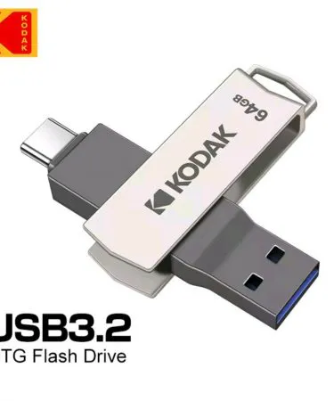 Kodak 64GB USB C-Type OTG Imported Flash Drive with metal body, dual USB-A and USB-C connectors, high-speed data transfer for smartphones, laptops, and PCs.