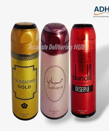 Three 200ml bottles of Long Lasting Body Spray for Men: PASSIONATE gold, Sabaya, and dundill Red, presented on a minimalist background. Perfect for all-day freshness and confidence. Available for purchase at Khareedo|Kharedo with 'Check on Delivery' in Pakistan.