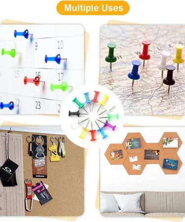 Vibrant multicolour push pins and thumb tacks in a clear pack, ideal for office, school, or home notice boards and cork boards.