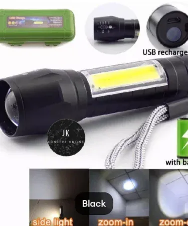 Zoomable Rechargeable LED Torch 3800LM XPE COB Flashlight with Micro USB Charging, Stainless Steel Design, Case, and Cable for Camping & Emergency Use