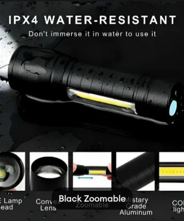 Zoomable Rechargeable LED Torch 3800LM XPE COB Flashlight with Micro USB Charging, Stainless Steel Design, Case, and Cable for Camping & Emergency Use