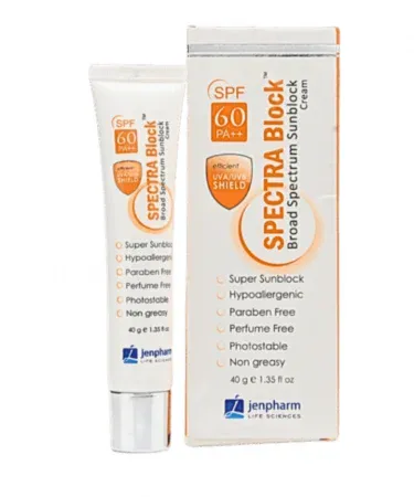 Spectra Block SPF-60 PA++ Broad Spectrum Sunblock Cream by Jenpharm Life Sciences, a hypoallergenic, non-greasy, paraben-free, and perfume-free sunblock for daily UVA/UVB protection.