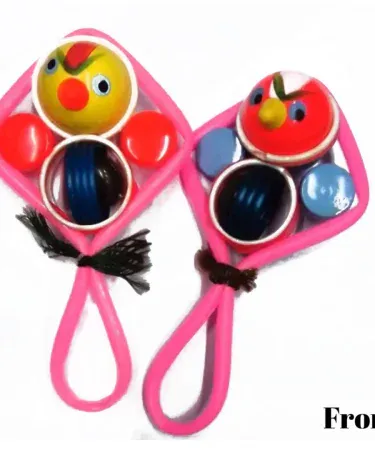 Colorful Handheld Baby Rattle (JunJuna) for infants 3+ months, featuring bright pink, red, blue, and yellow hues, with a lightweight design and ergonomic grip for sensory development and safe play.