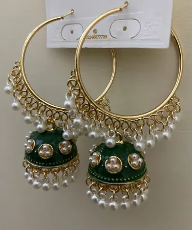 Beautiful Indian baali jhumka earrings for women, featuring intricate traditional design with golden accents, perfect for festive occasions and weddings.